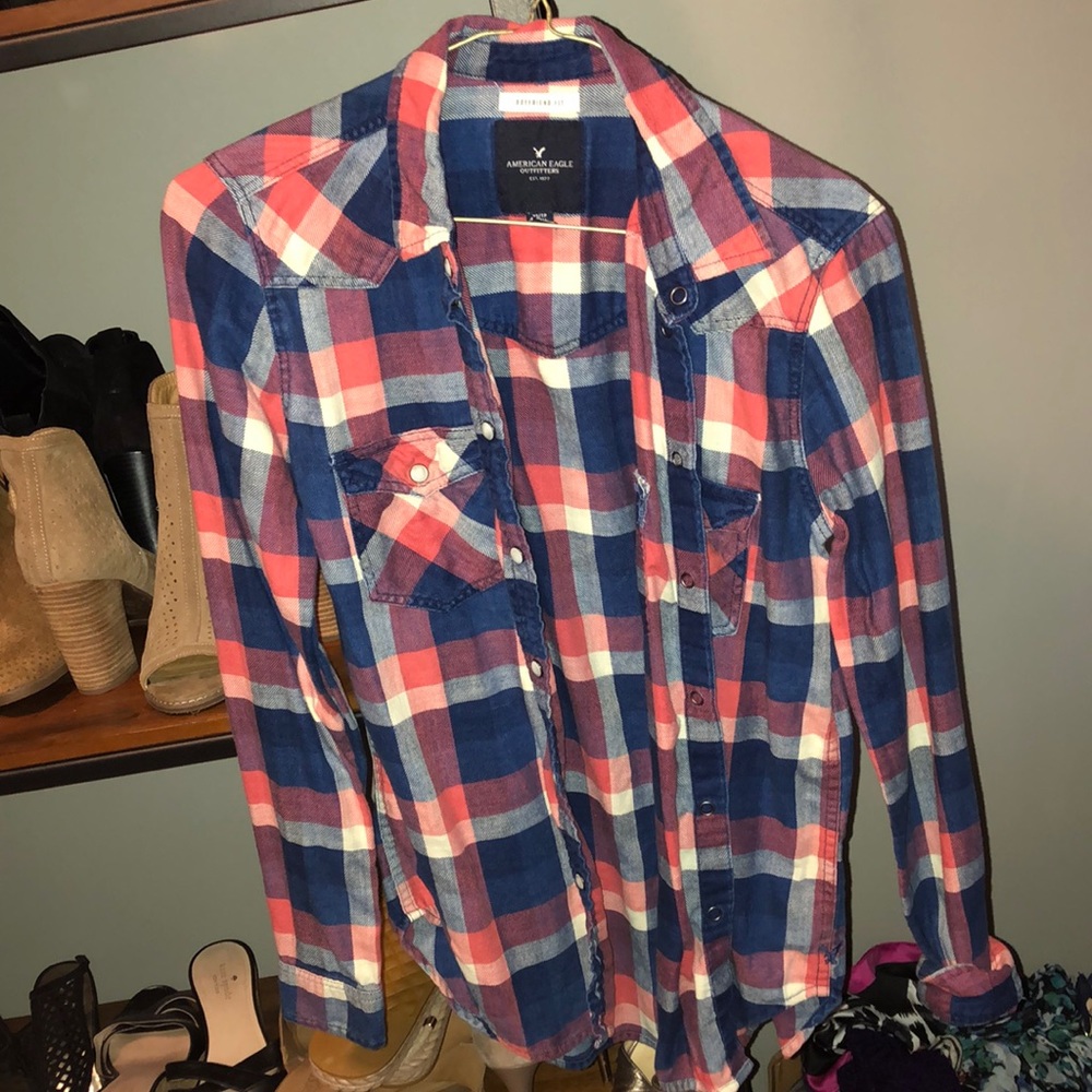American Eagle XS Flannel Pink Blue white boyfriend fit